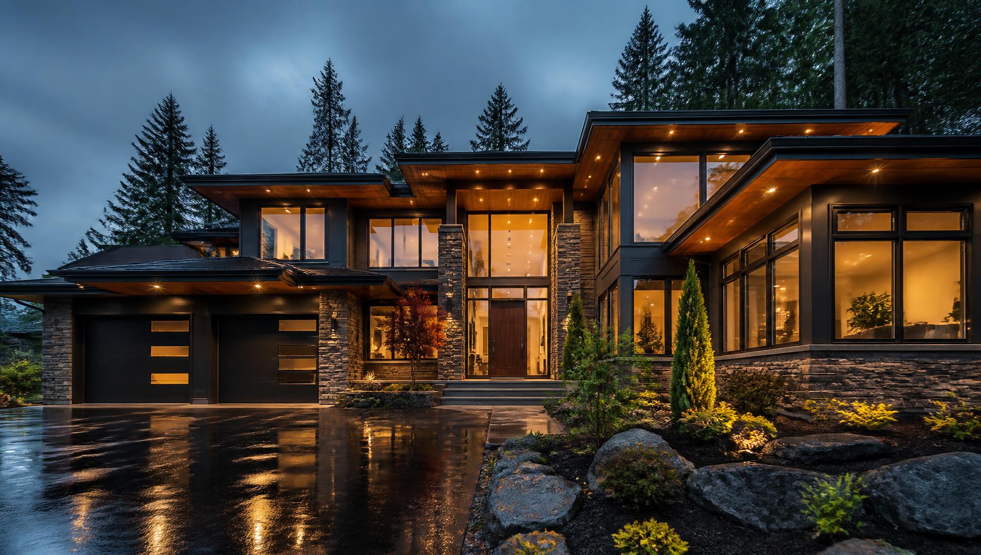 Modern custom home at dusk with cedar soffits and black window frames