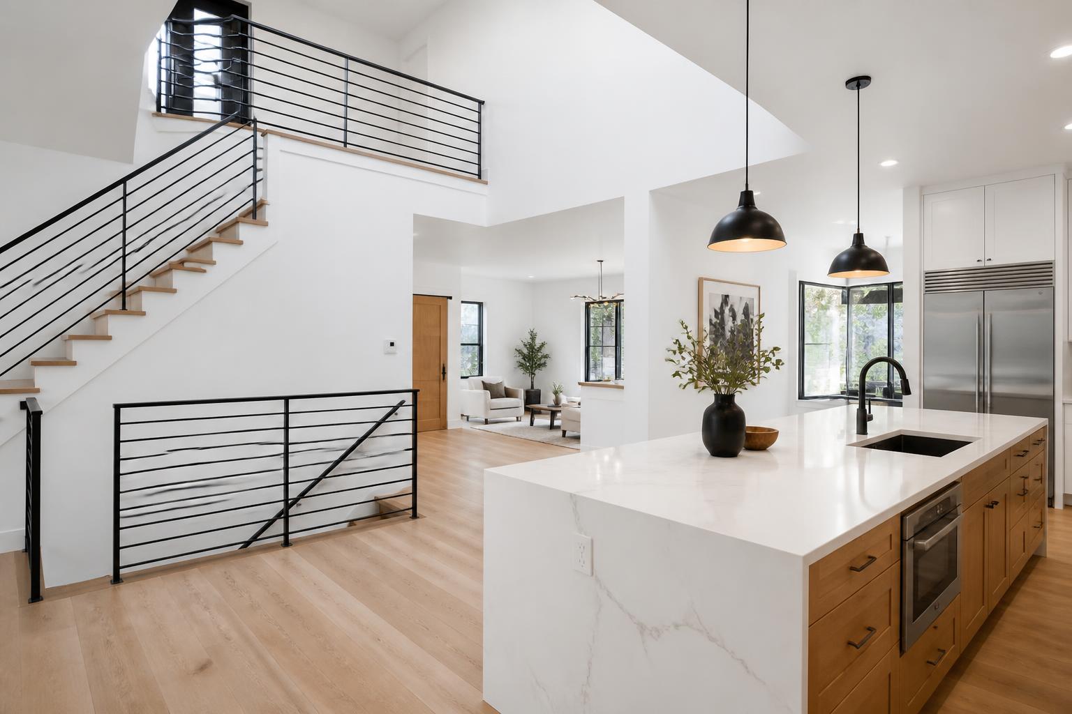 Bright custom home interior with white oak floors